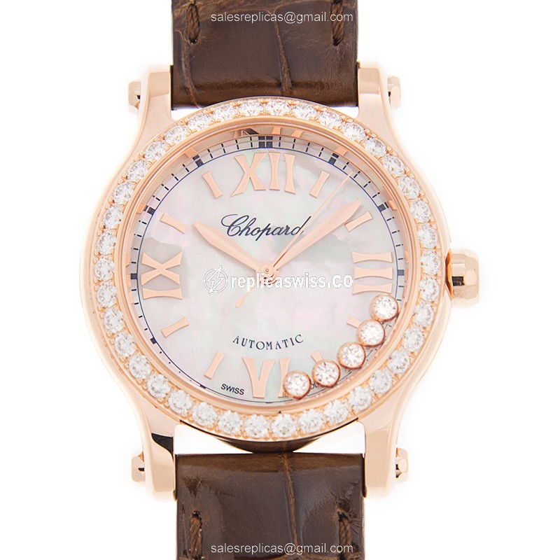 Chopard Happy Sport Replica - Automatic 18kt Rose Gold - White Dial - Brown Alligator Strap